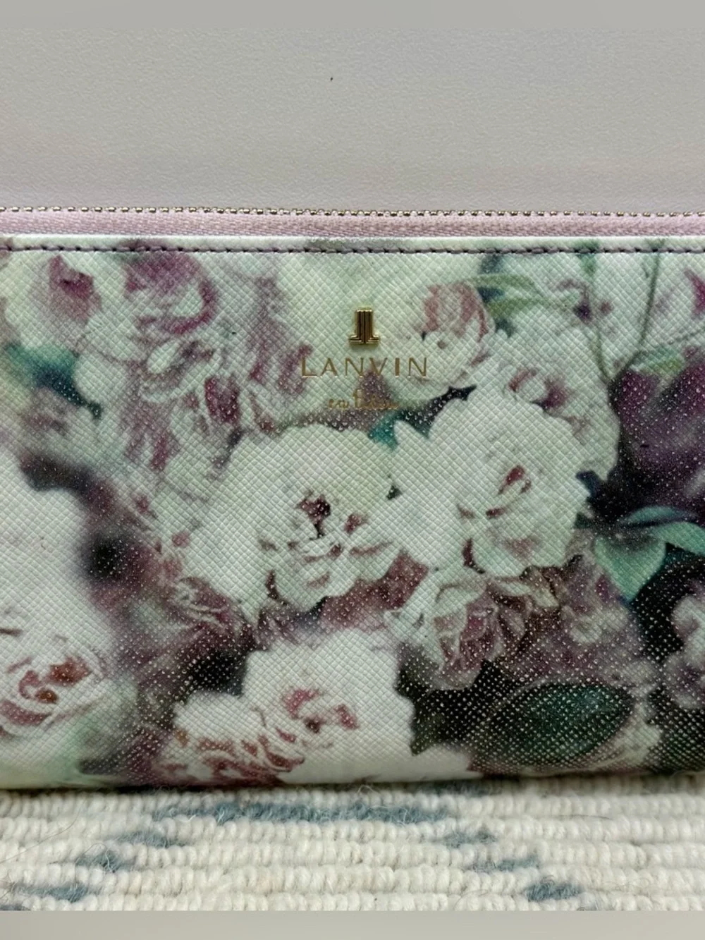 LANVIN En Bleu Lavender Floral Print Leather L-Shaped Zip Long Wallet/Clutch